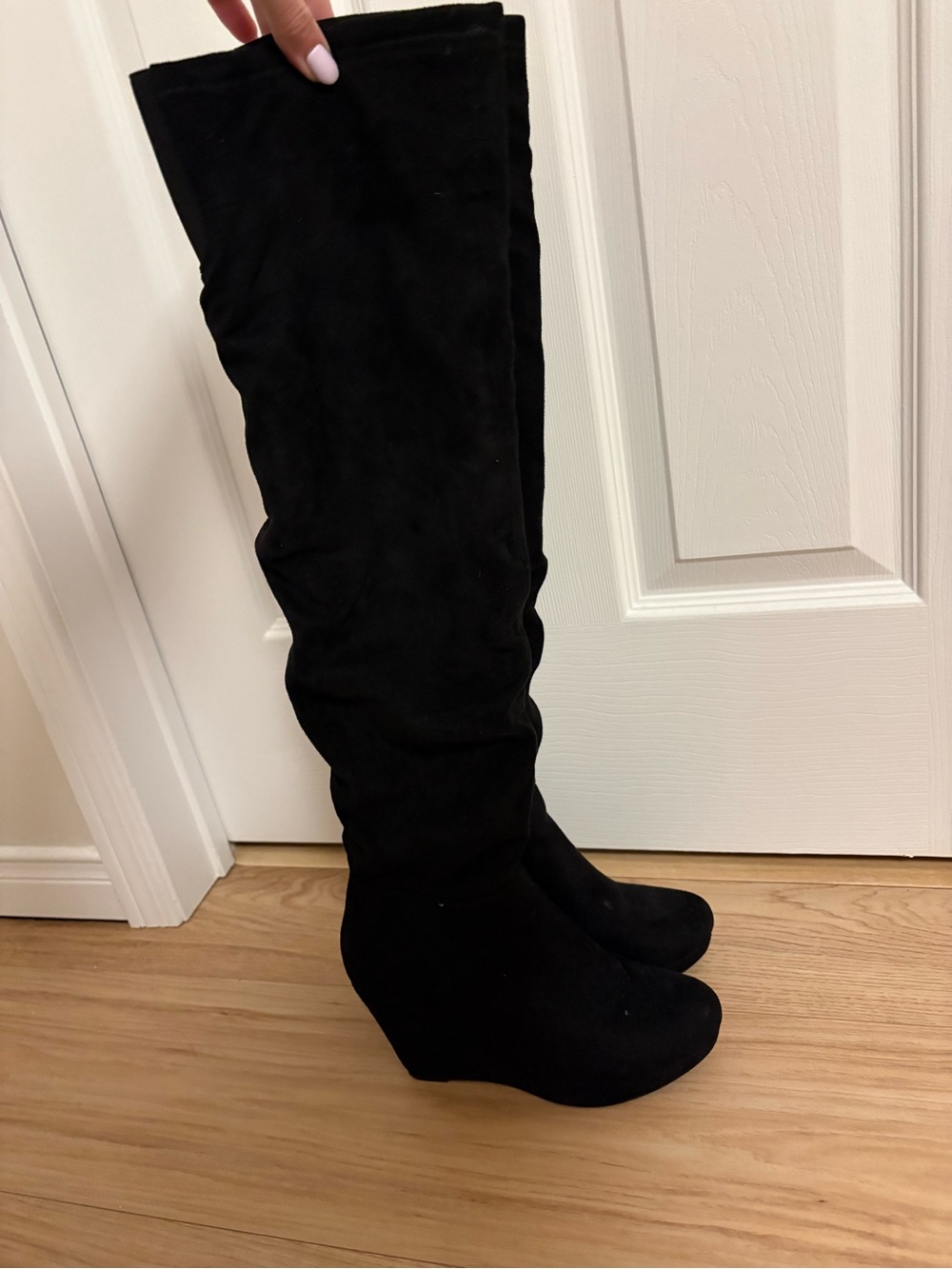 Chinese Laundry Black Suede Over-the-Knee Wedge Boots